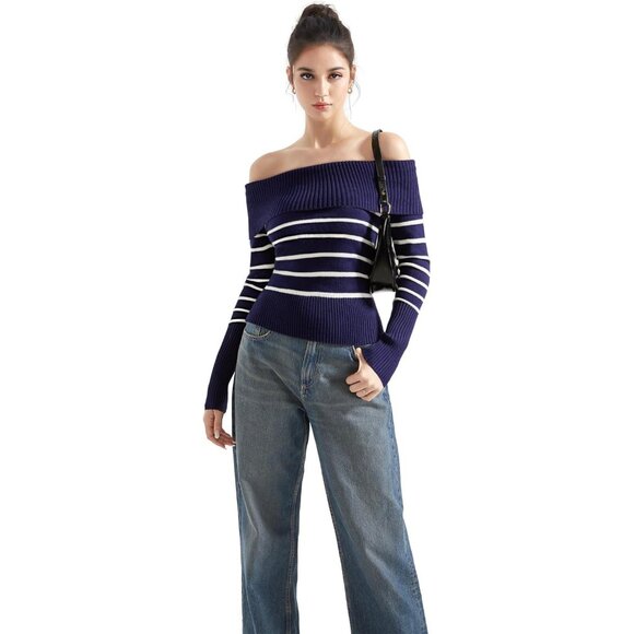 Women Blue White Off Shoulder Long Sleeve Tops Blouse Sweaters - Picture 3 of 7